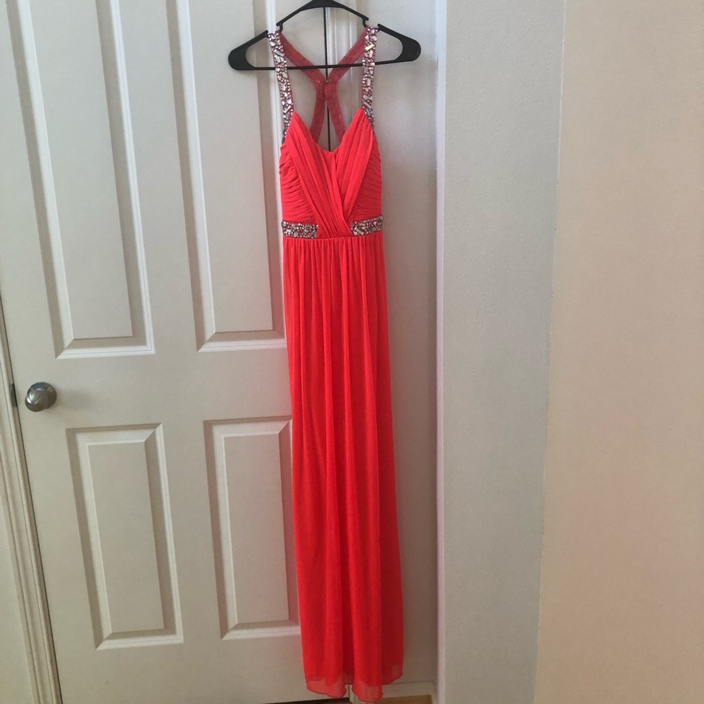 Coral Chiffon Rhinestone Long Formal Dress